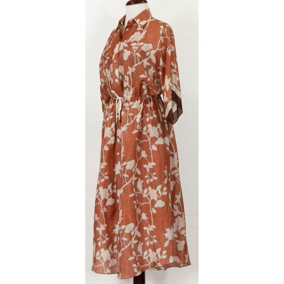 $5824 BRUNELLO CUCINELLI SILK FLORAL-PRINT SHIRT DRESS IN ORANGE S - Picture 3 of 10